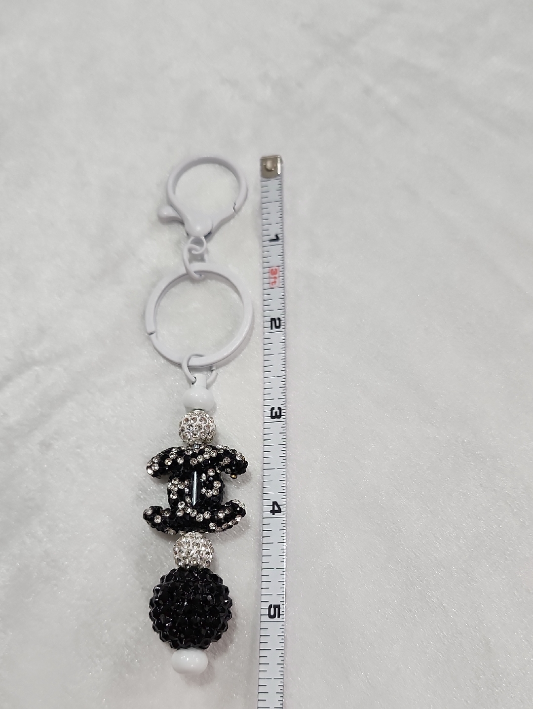 Double C Black And Clear Crystals. White Keychain Bag Charm